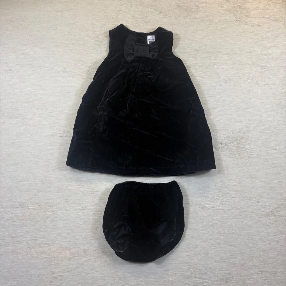 Carters Baby Girl 12 Months Black Velvet Dress Diaper Cover Set Bow Holiday